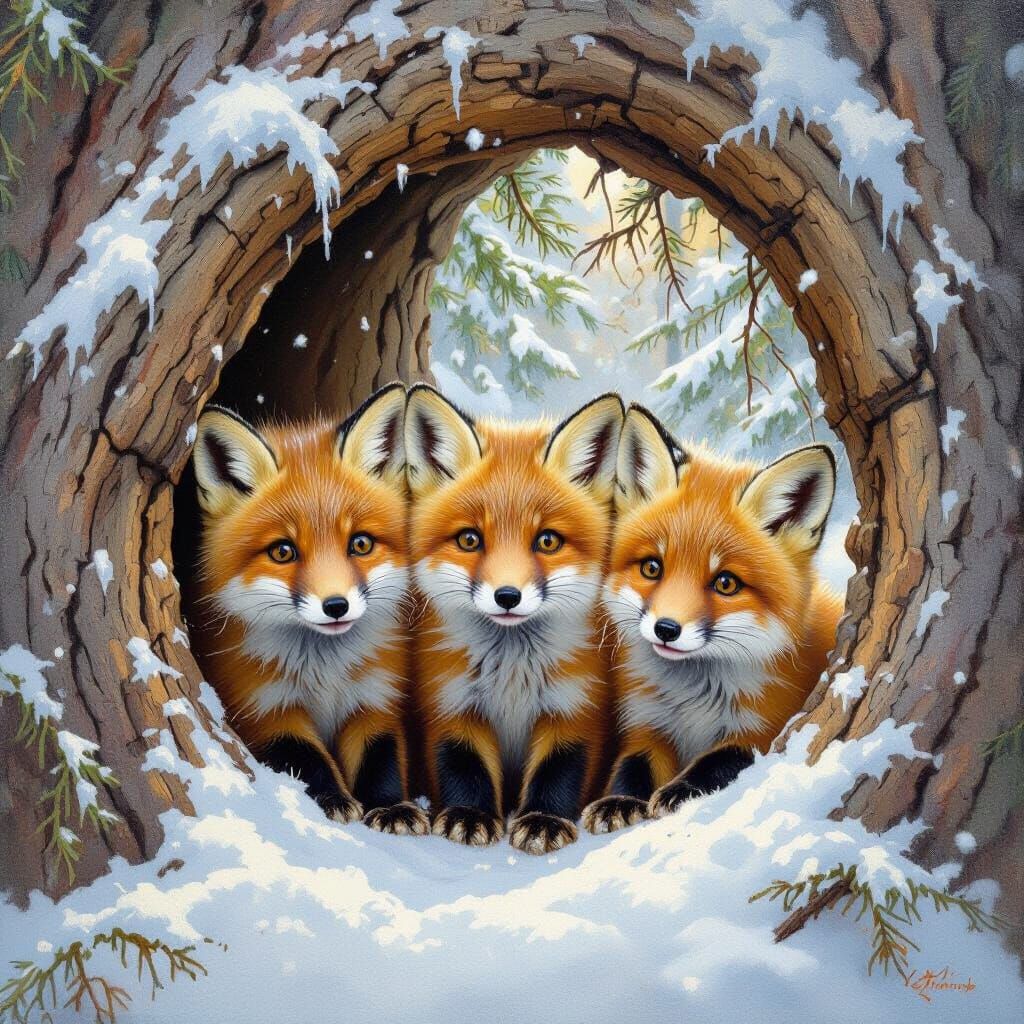 Fox Cubs' First Snow Encounter in Oil Painting