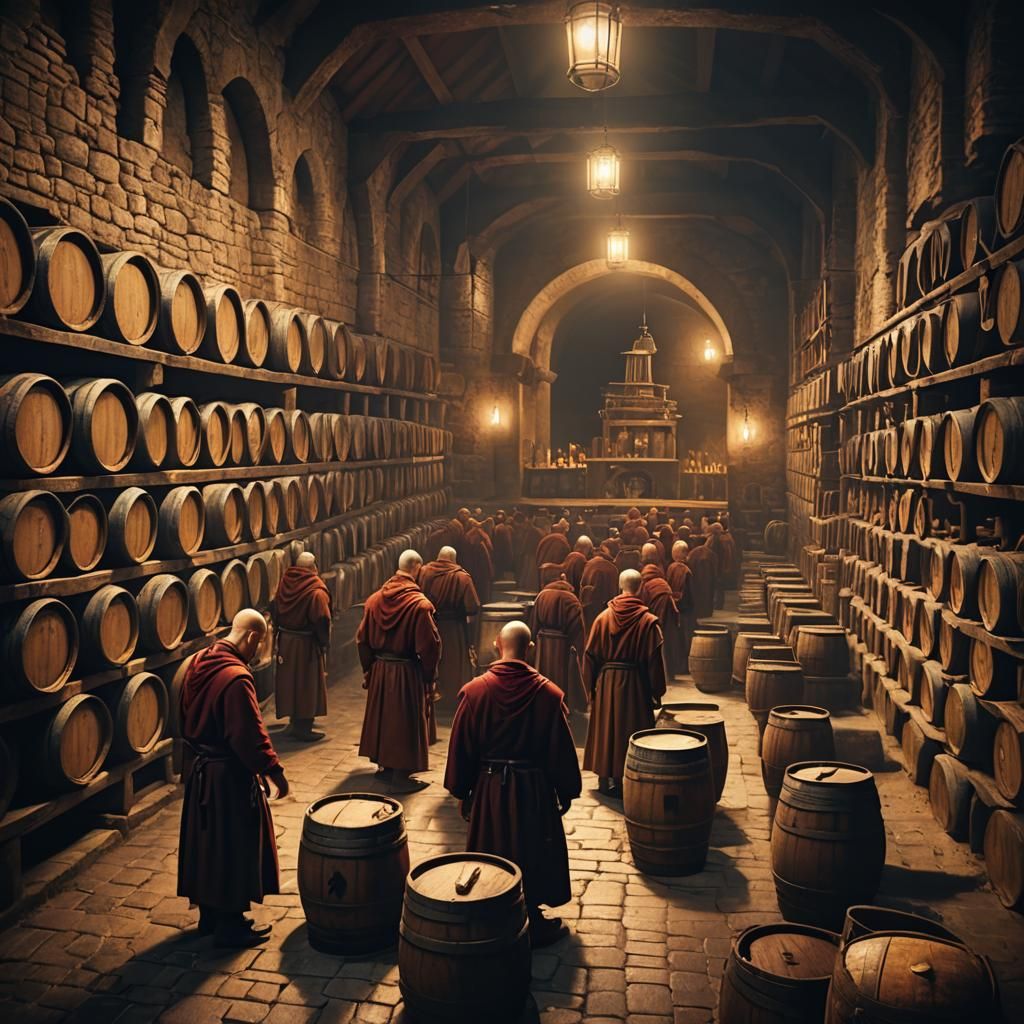 Monks in Wine Cellar: A Rembrandt-Inspired Scene