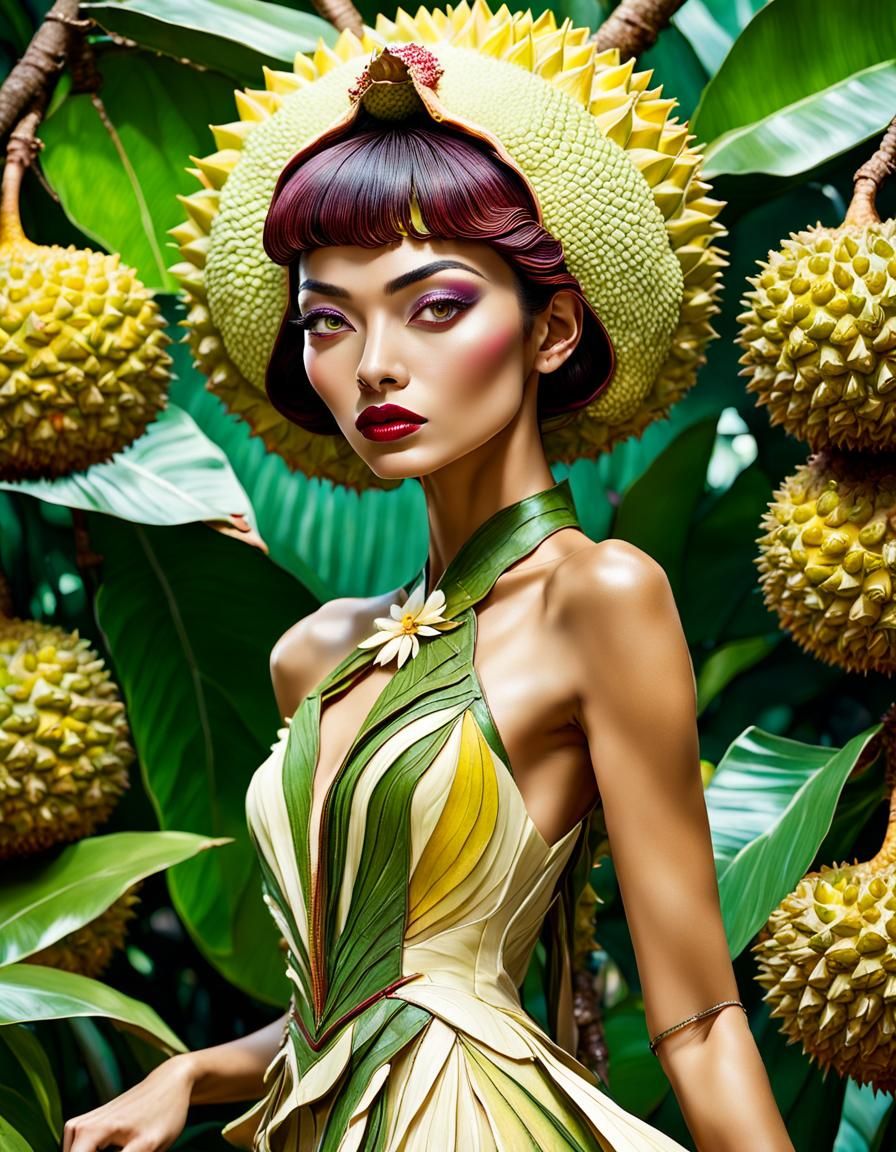 Fashion Model in Fruit Peel Art Nouveau Dress