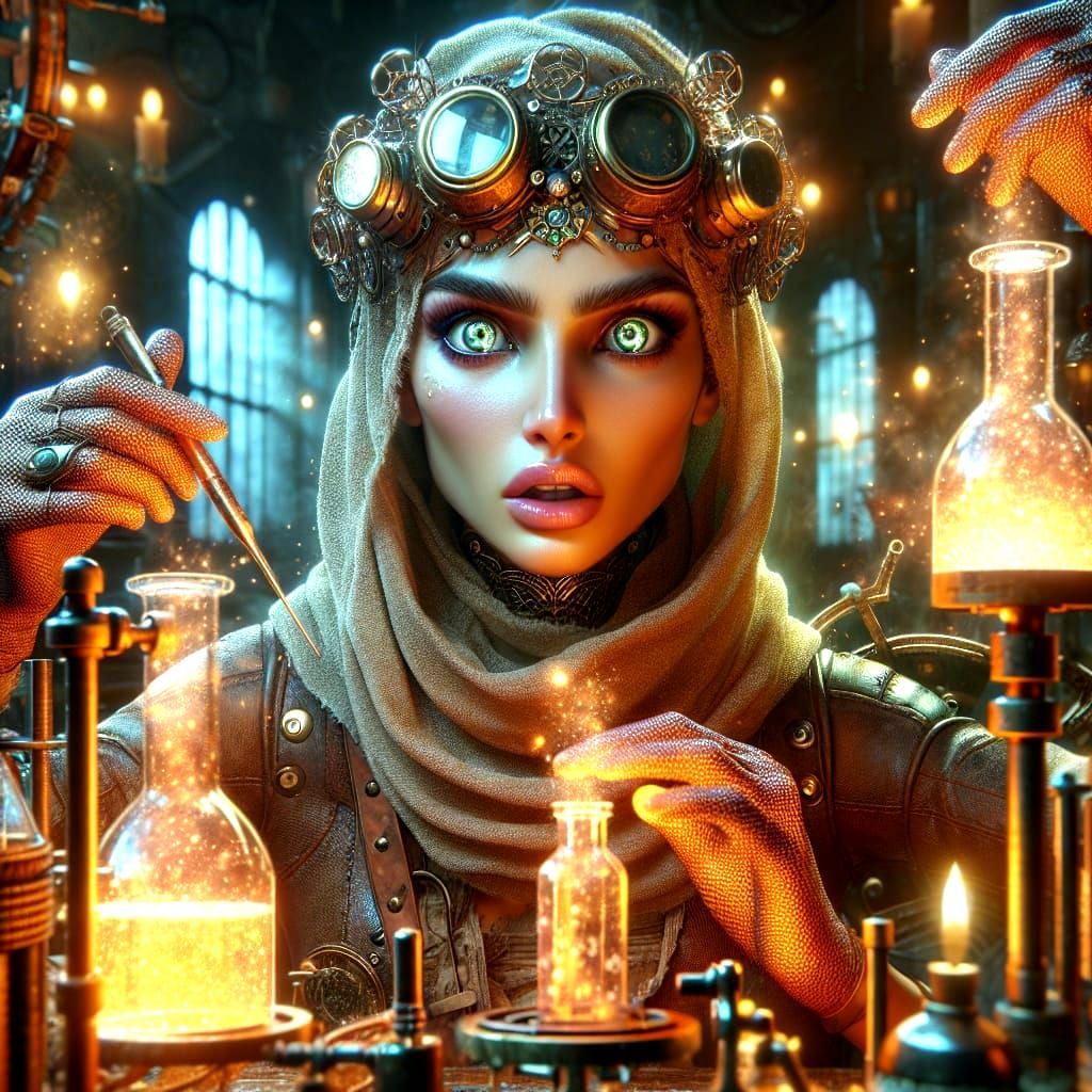 Steampunk Scientist Mixing Potions in Laboratory