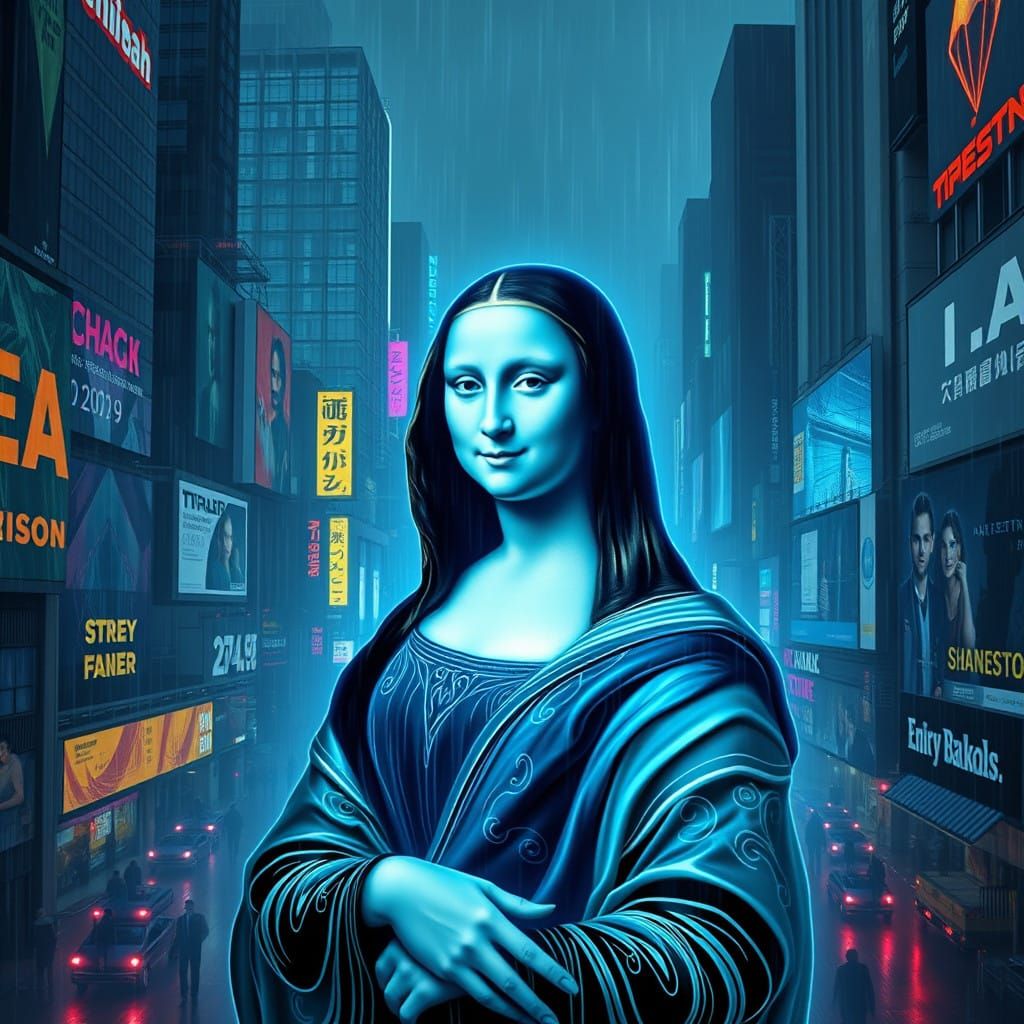 Luminous Cyberpunk Mona Lisa in Neon Cityscape