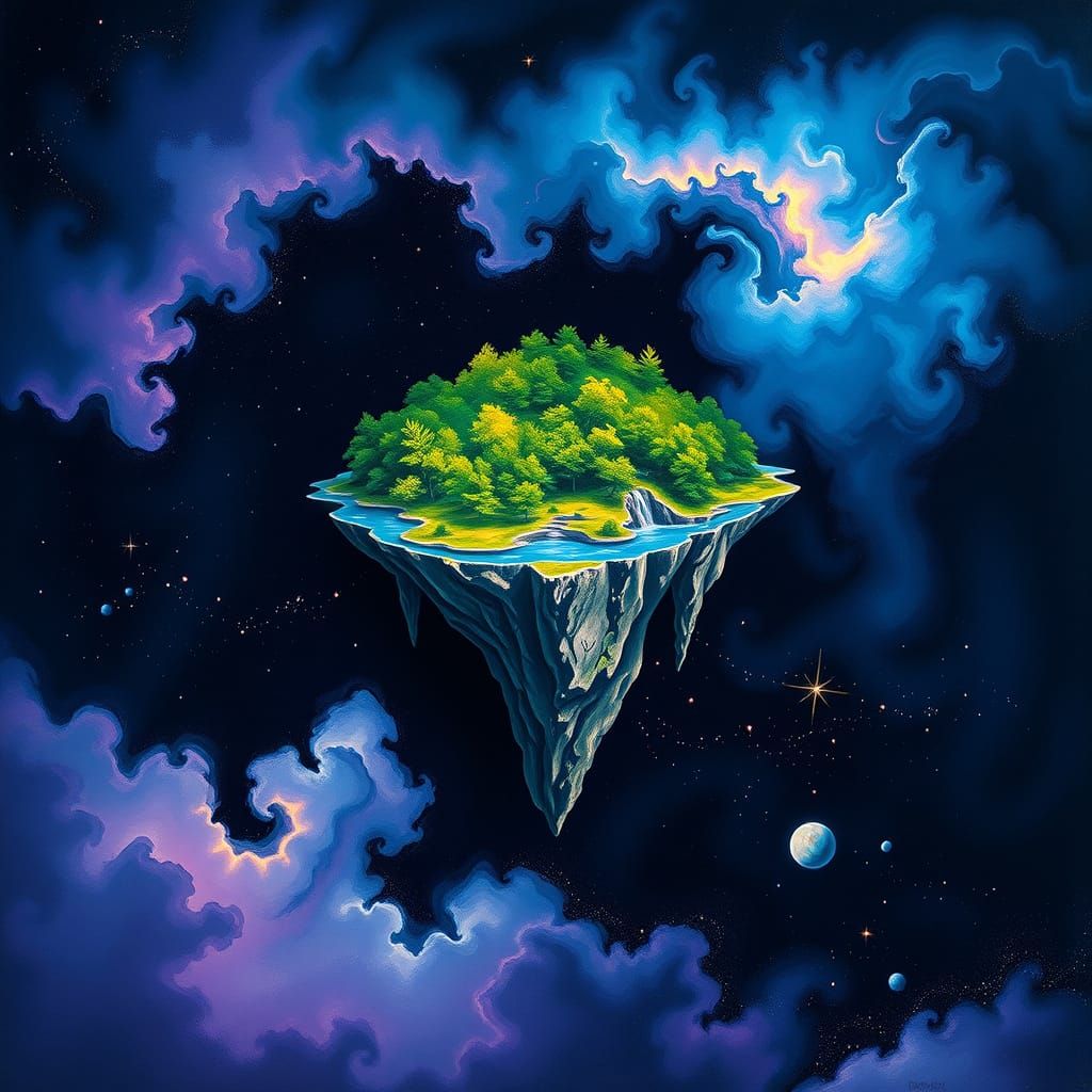 Island in Cosmic Dreamscape, Impressionist Surrealism