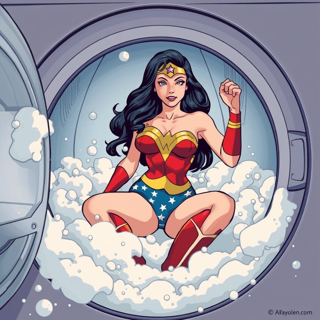 Wonderwoman in Washing Machine, Stylized Illustration