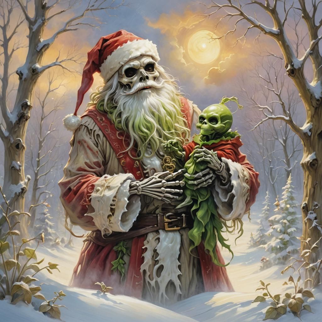 Skeleton Santa Holding Baby Grinch: Whimsical Art