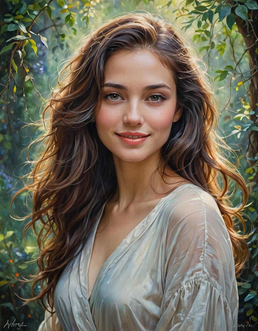 Captivating Woman with Enigmatic Smile in Detailed Portrait