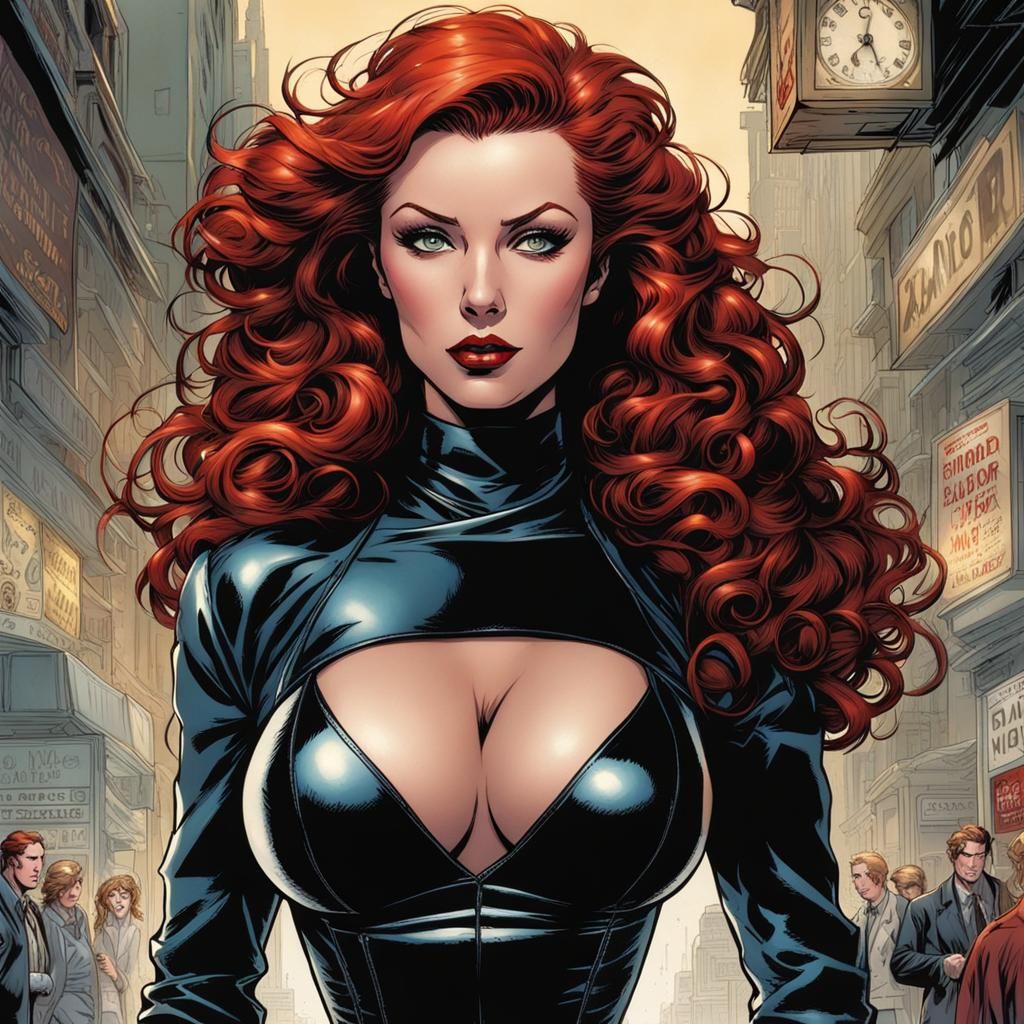 Glamorous Redhead in Leather Dress, Comic Book Art