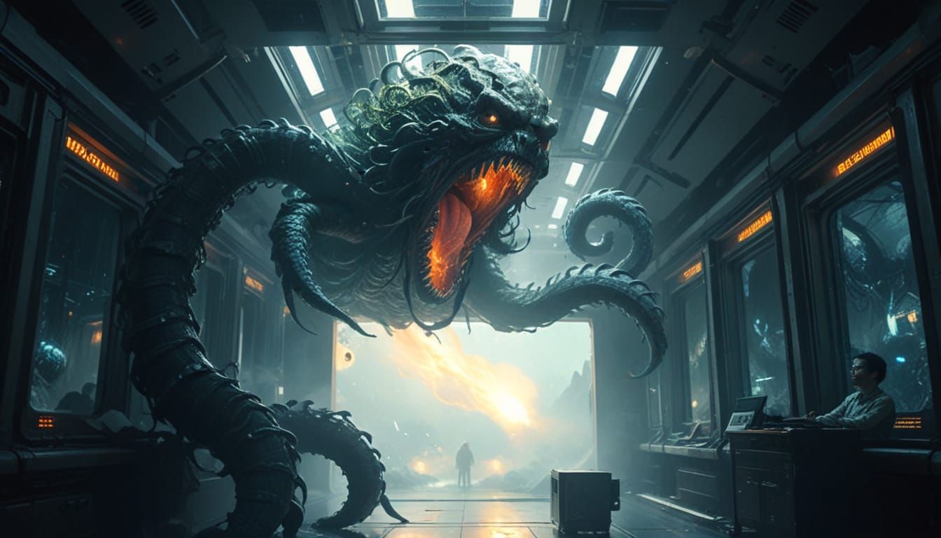 Nebula Space Station Monster with Tentacles and Explosions