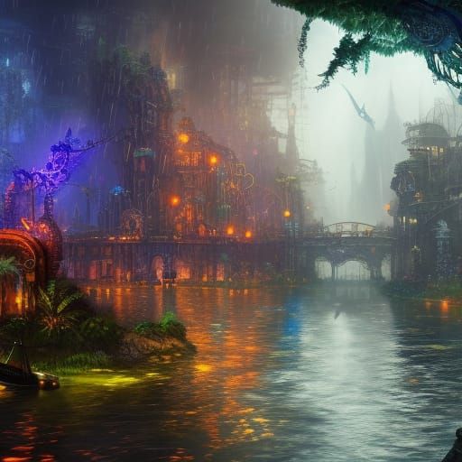 Steampunk Jungle City with Sapphire River in Rain