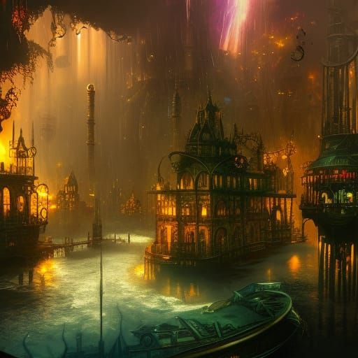 Lush Steampunk Jungle City with Sapphire River