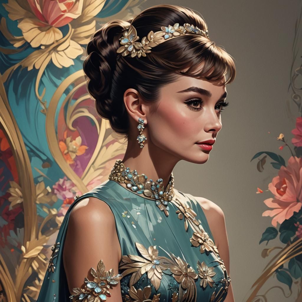 Woman in 60s Couture Gown, Art Nouveau Portrait