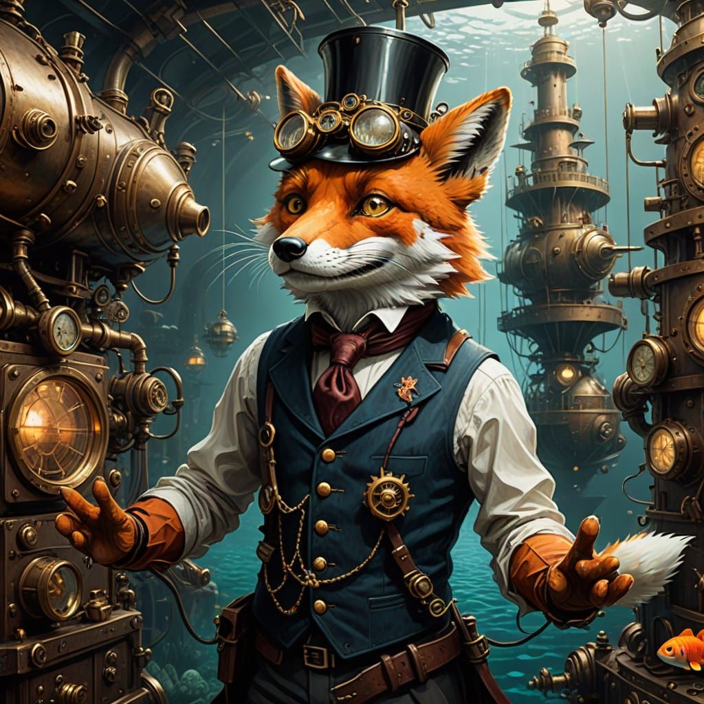 Steampunk Fox Pilots Goldfish Submarine Underwater