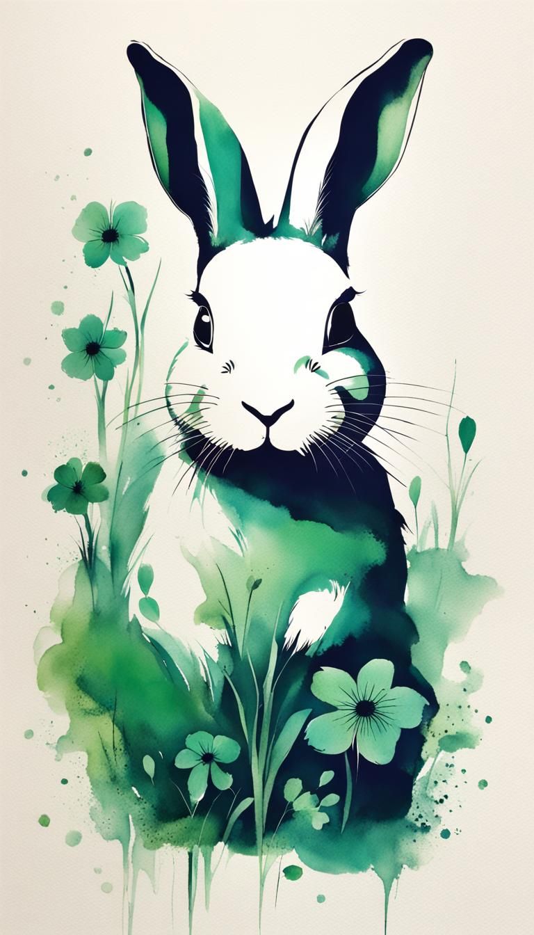 Minimalist Chinese Ink Painting of White Rabbit