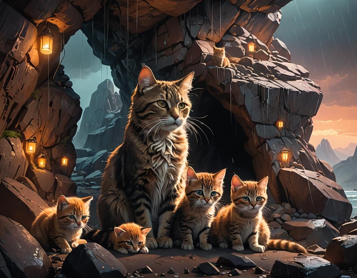Cozy Cave: Cat Family Shelters from Rain