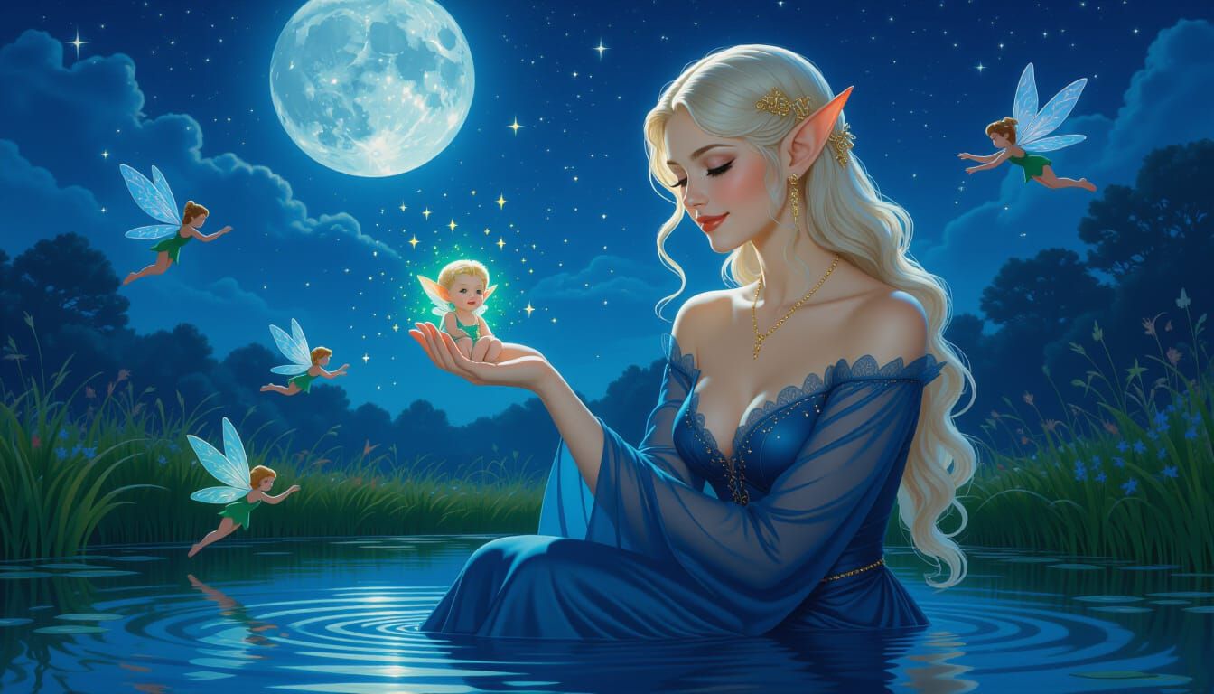 Enchanting Elf Woman Under the Silver Moon