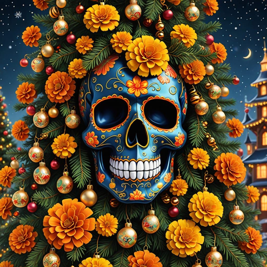 Whimsical Sugar Skull Christmas Tree Digital Art