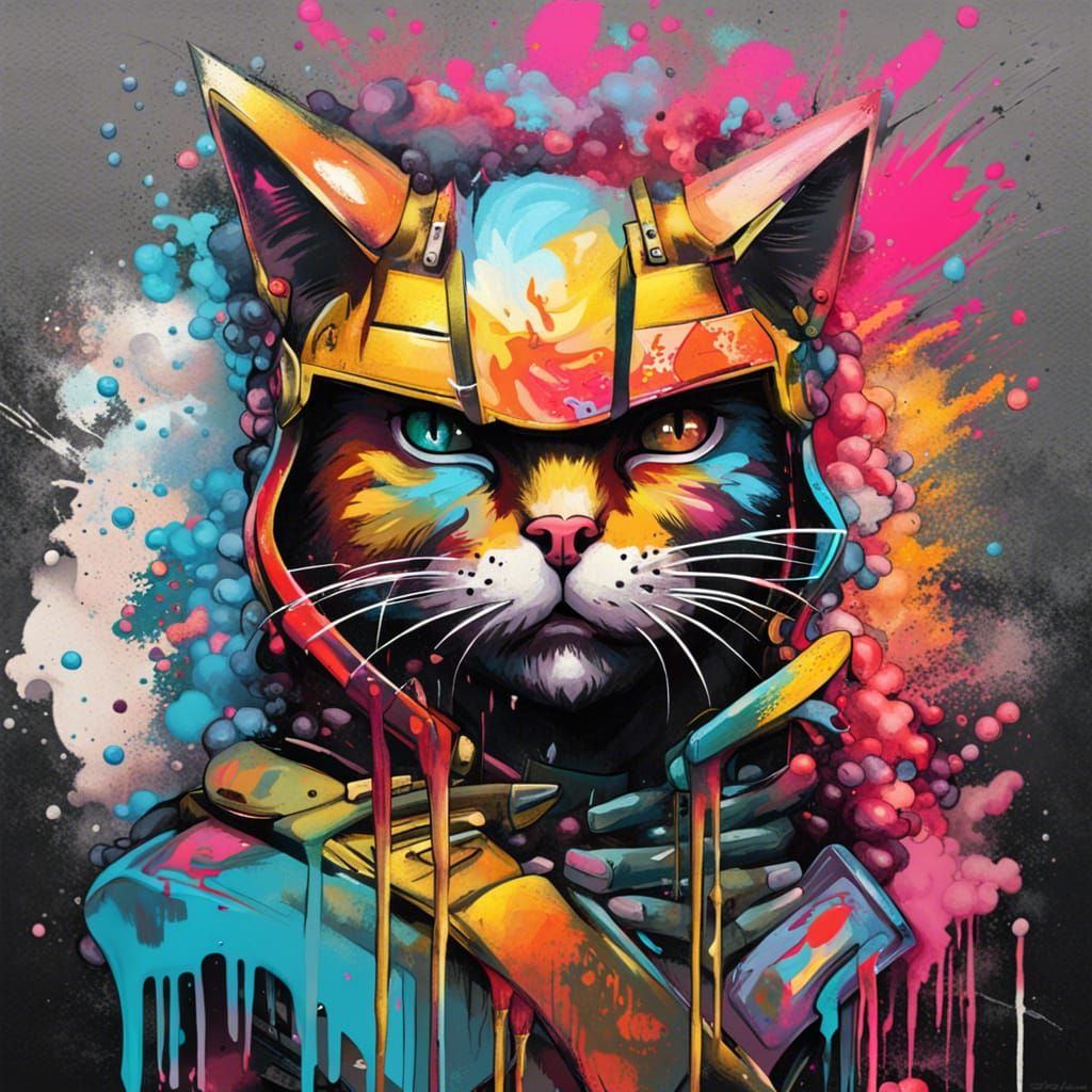 Cat Warrior Graffiti Art in Spray Paint Style