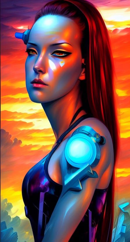 Cyberpunk Girl Pouting in Detailed Digital Sunset Painting