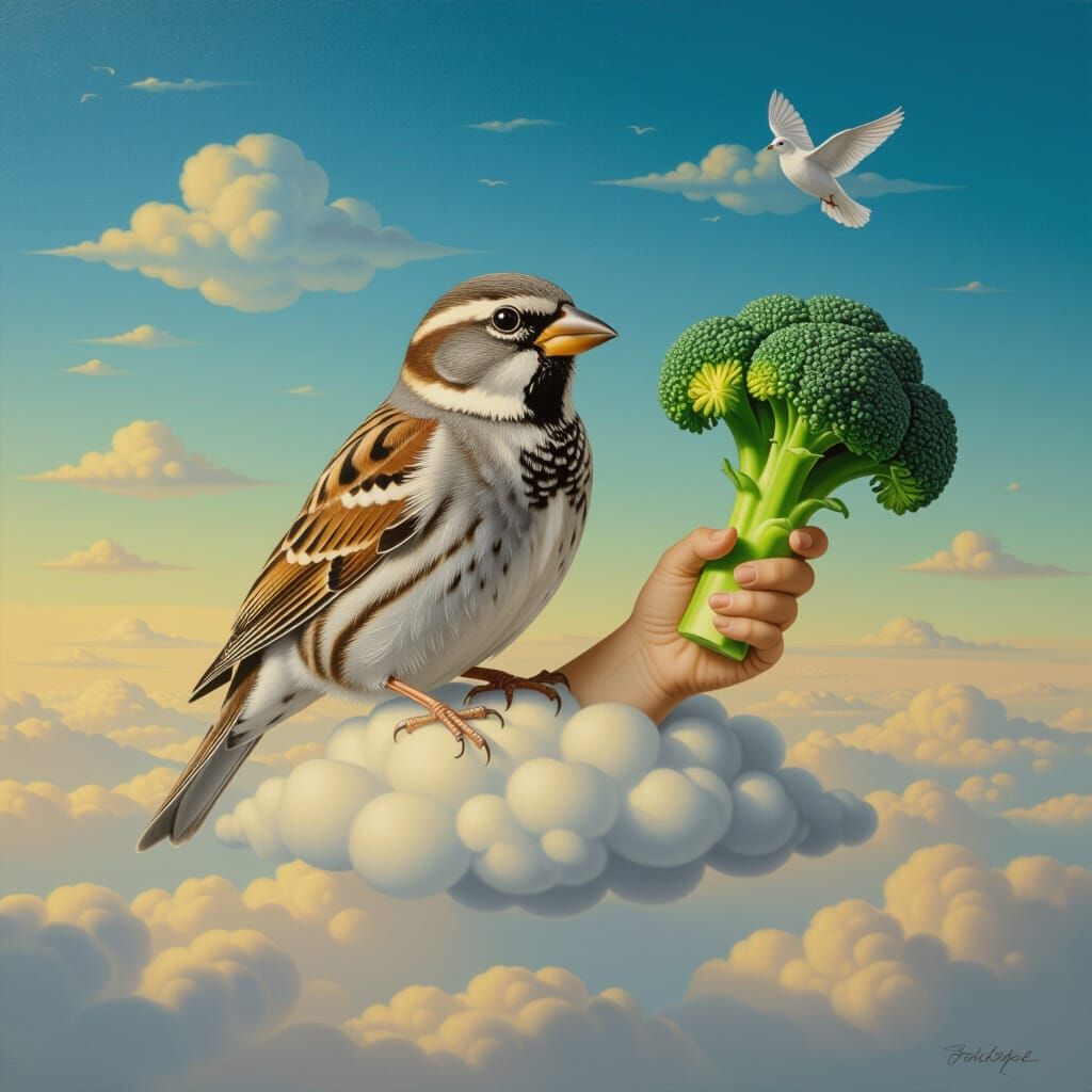Surreal Bird-Cup Landing on Cloud with Broccoli Hand
