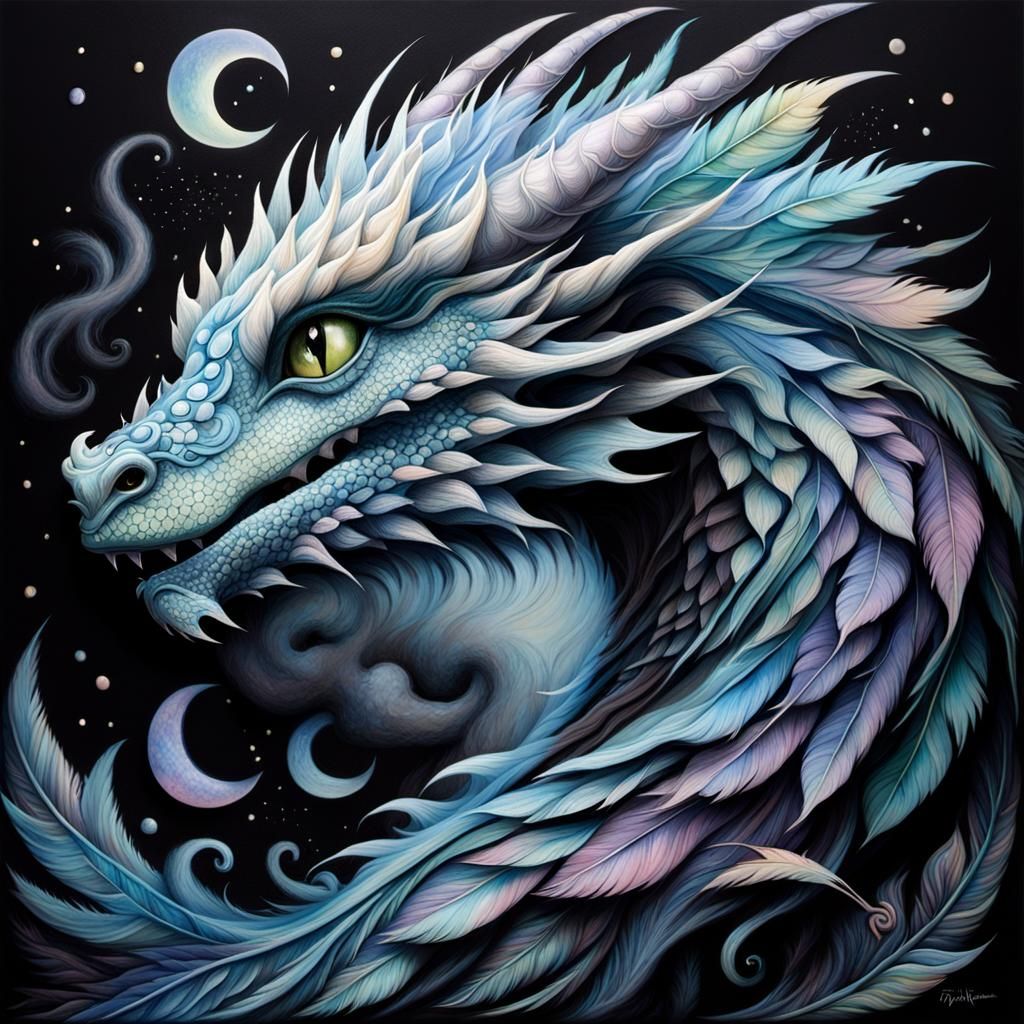 Surreal Pastel Dragon on Feather with Gothic Elements