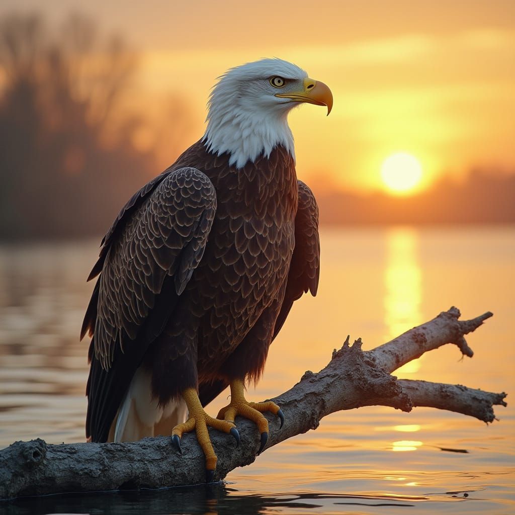 Bald Eagle Serene Sunset Perch on Lake Erie