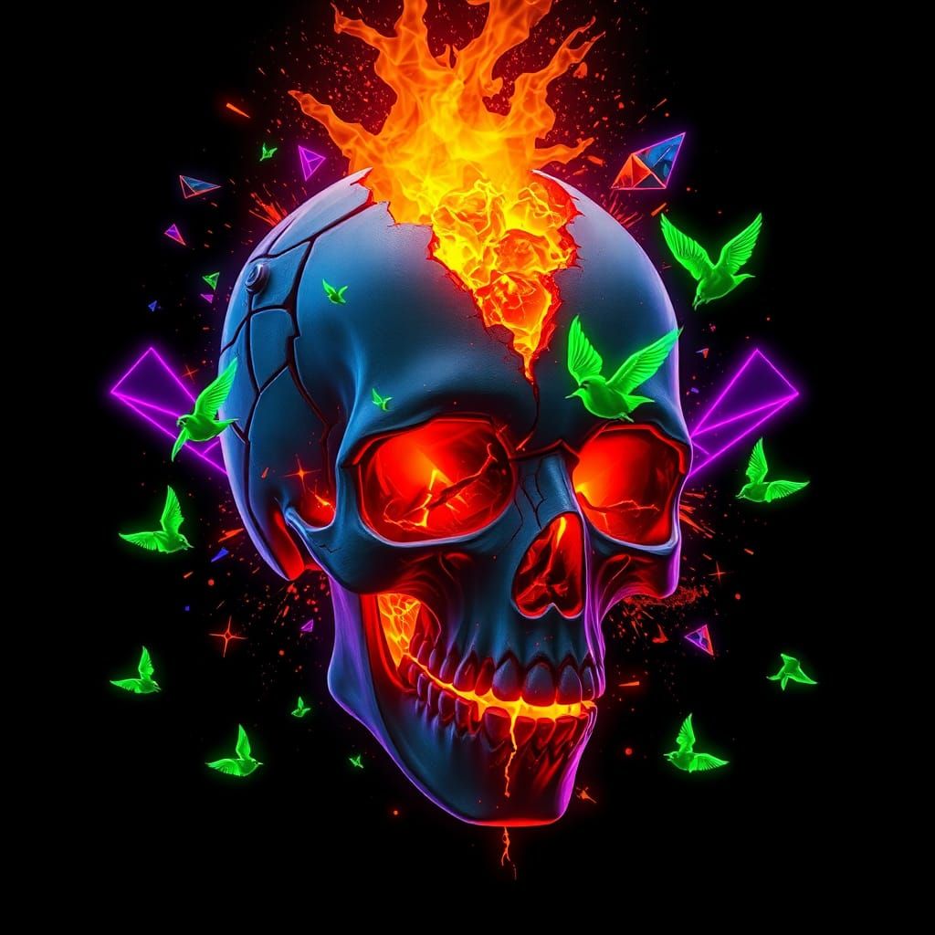 Futuristic Neon Skull Explosion in Cyberpunk Style