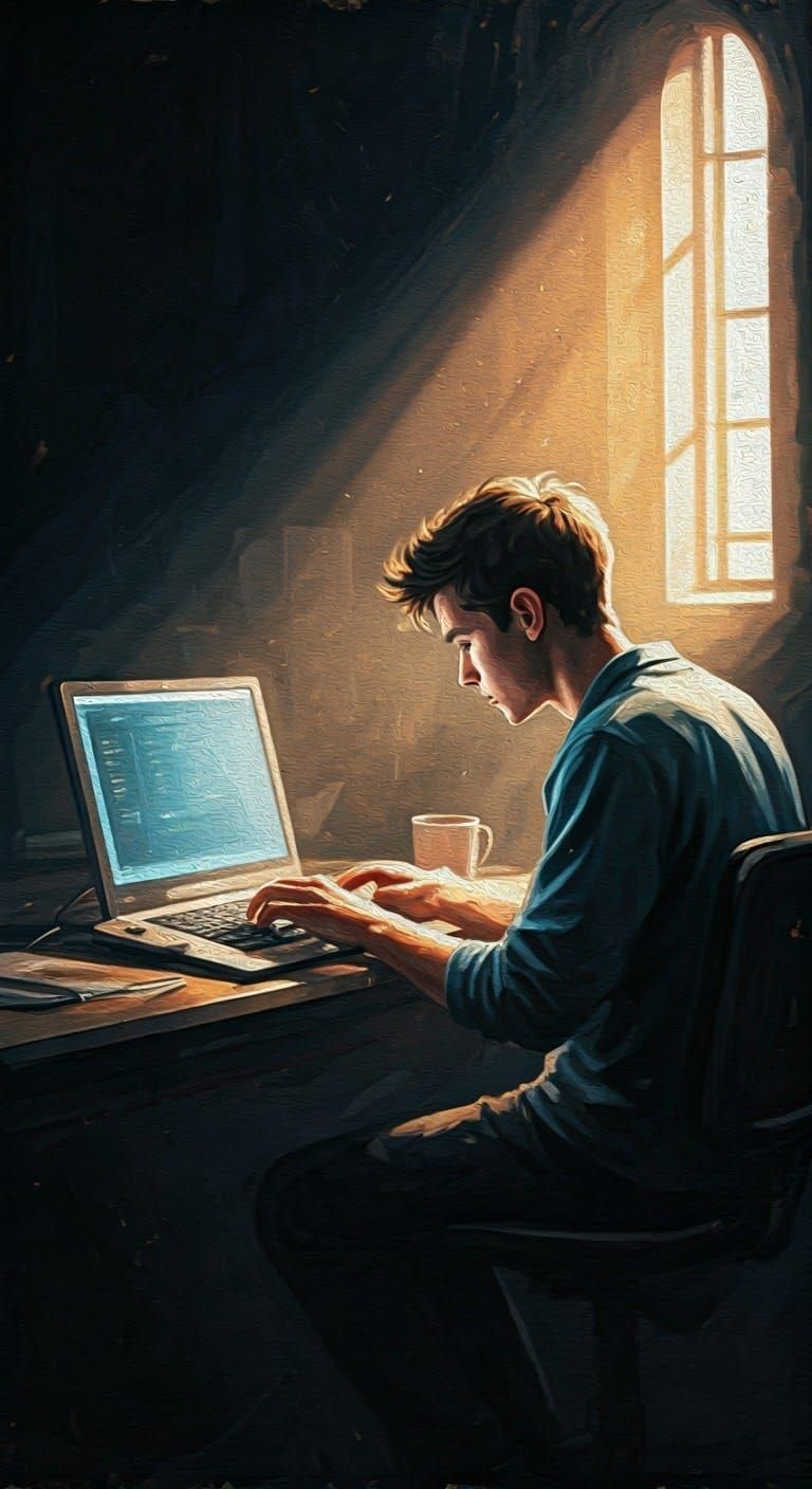 Neo-Impressionist Code Artist in Darkened Room