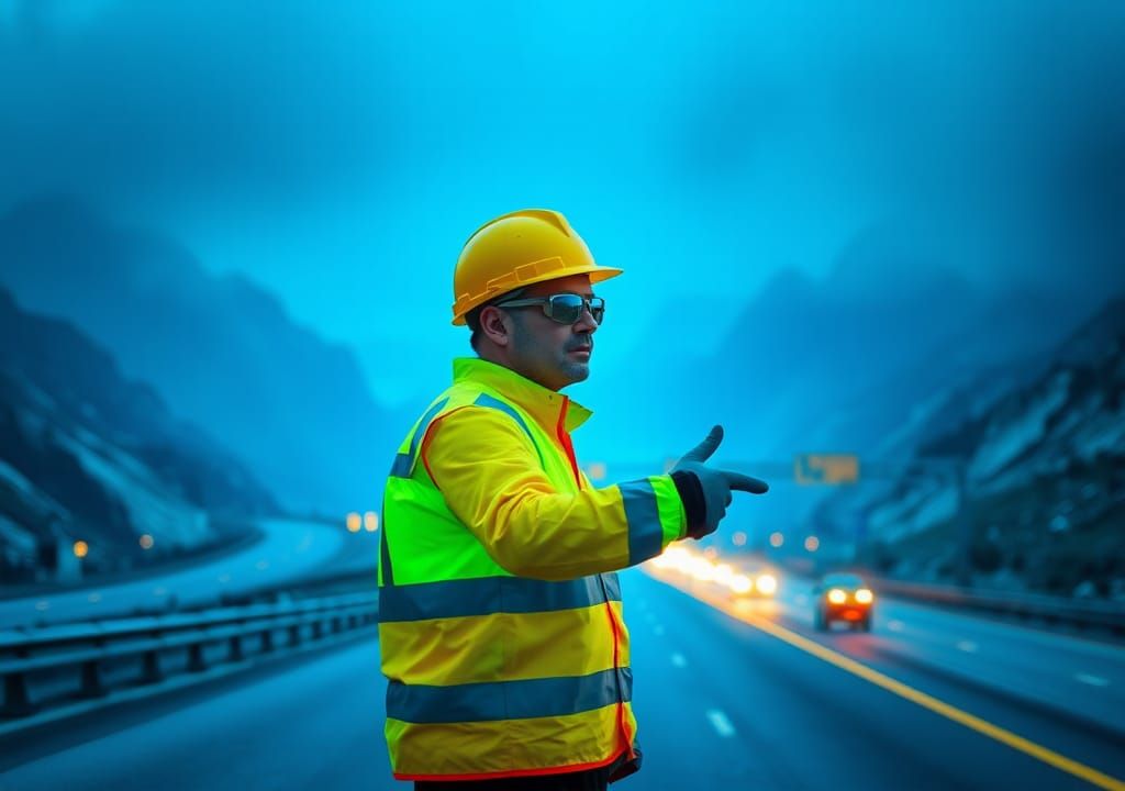 Highway Worker in Mountain Pass, Hockney Style