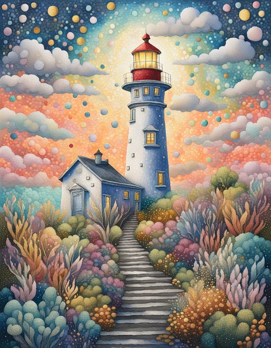 Lighthouse in Pointillism Style with Pastel Clouds