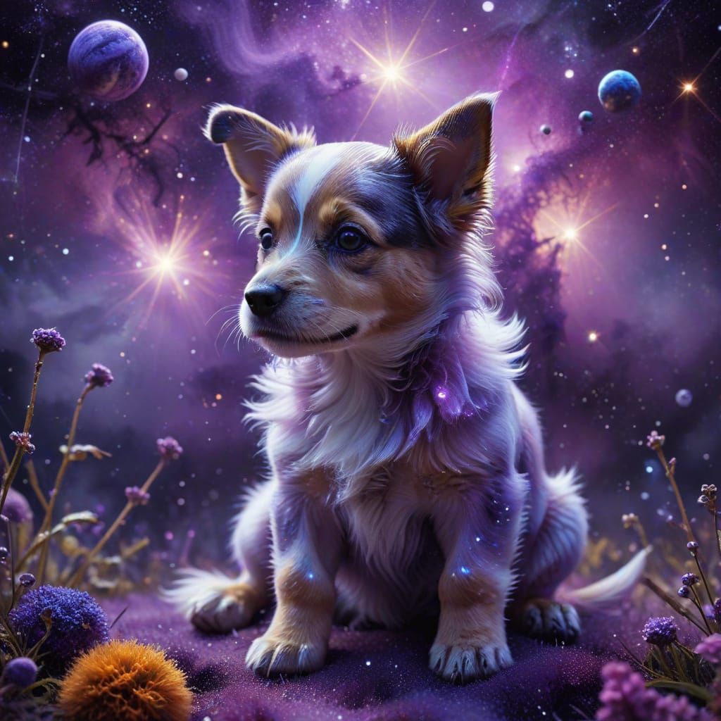 Puppy Playing with Planets in Cosmic Nebula Garden