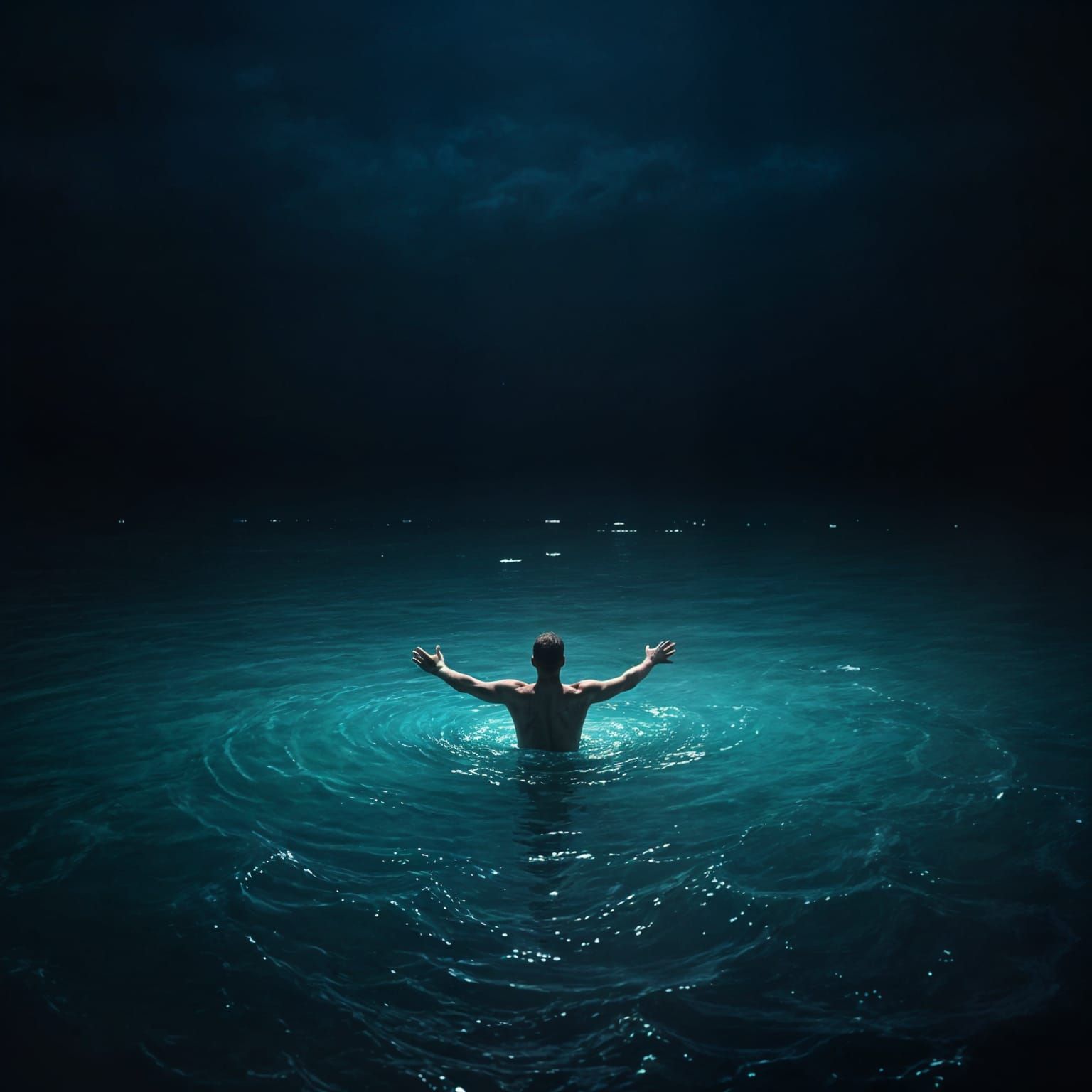 Man Waits in the Calm Ocean Under Dark Sky