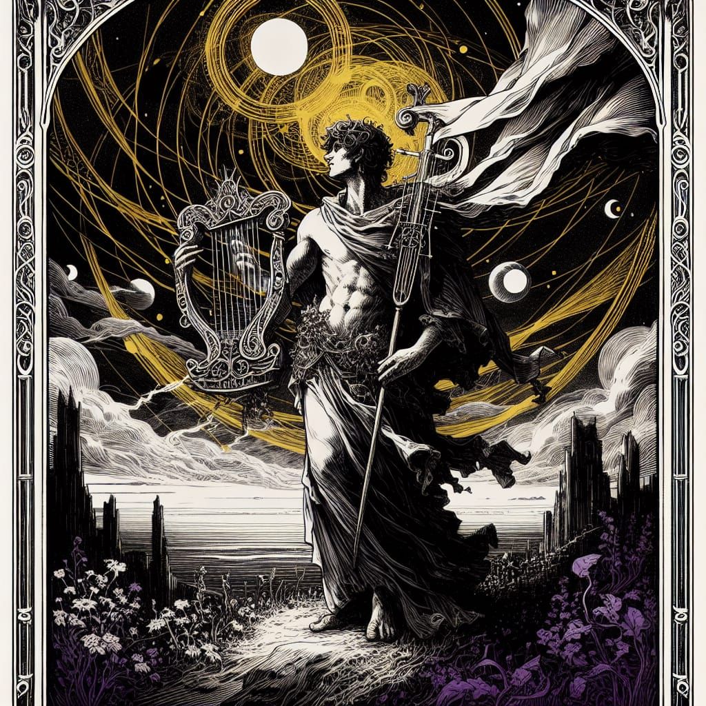 Orpheus Tarot Card in Medieval Print Style