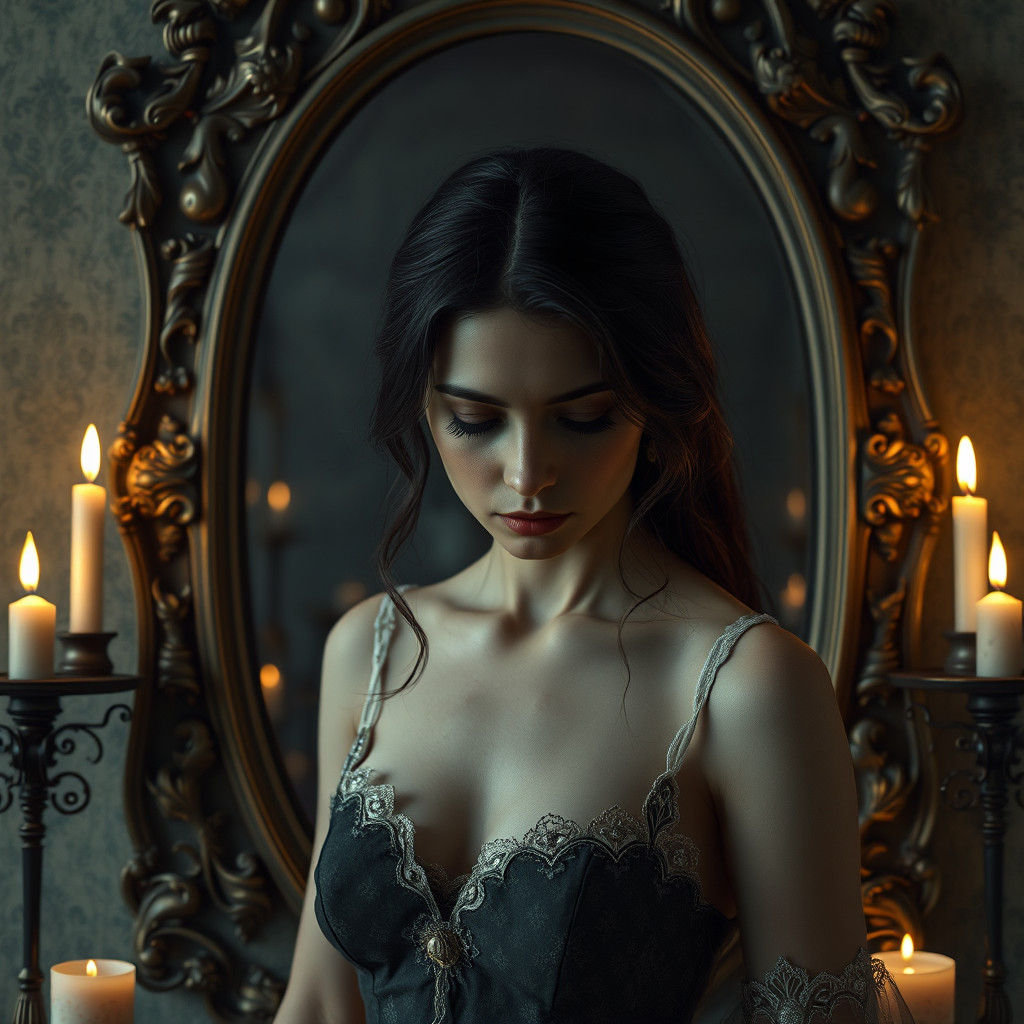 Gina's Sorrowful Reflection in Antique Mirror, Digital Art