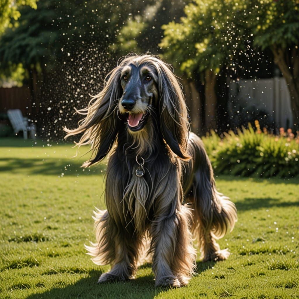 Afghan hound frolic with sprinklers in sun
