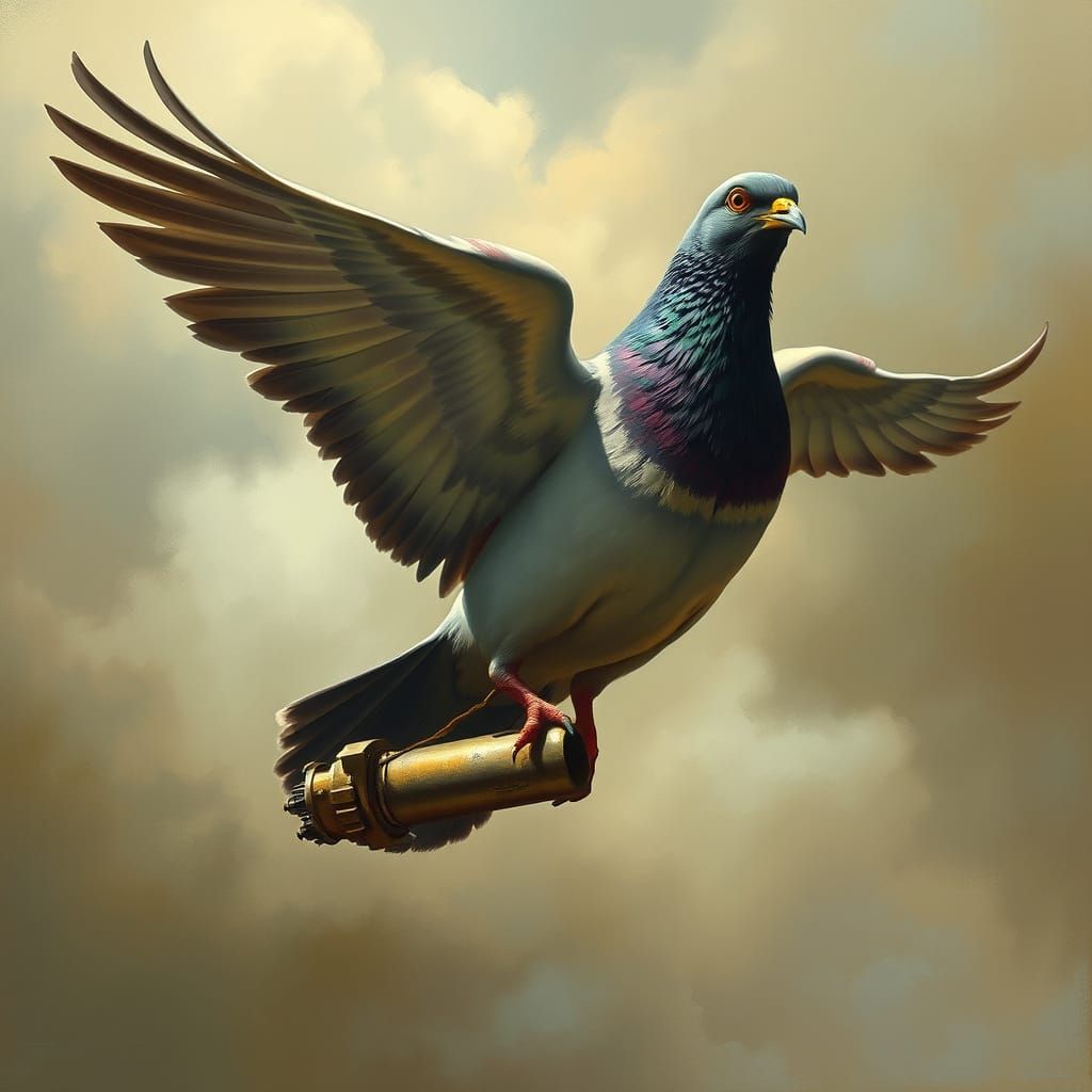Carrier Pigeon Soaring in Dramatic Gritty Style