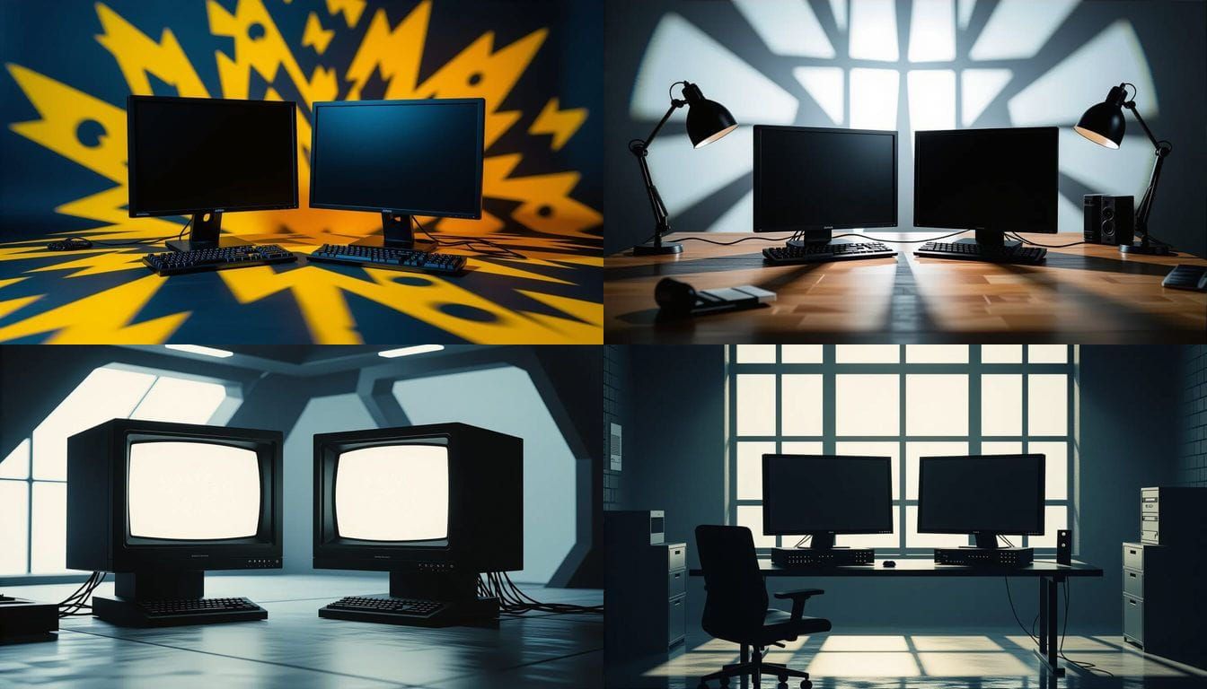 Old Black Dual Computer Monitor in Dark Room