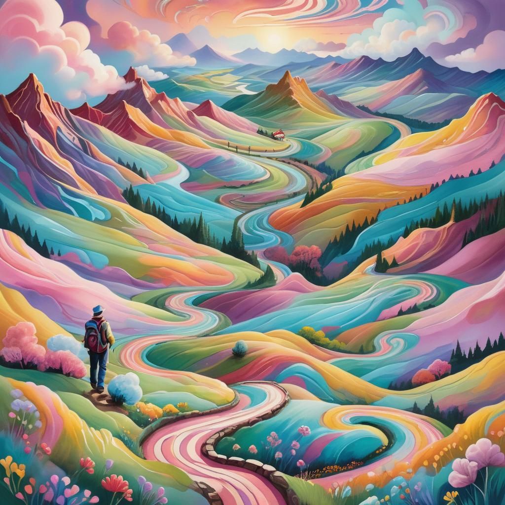 Traveler in Whimsical Candyland Landscape: Gouache Art