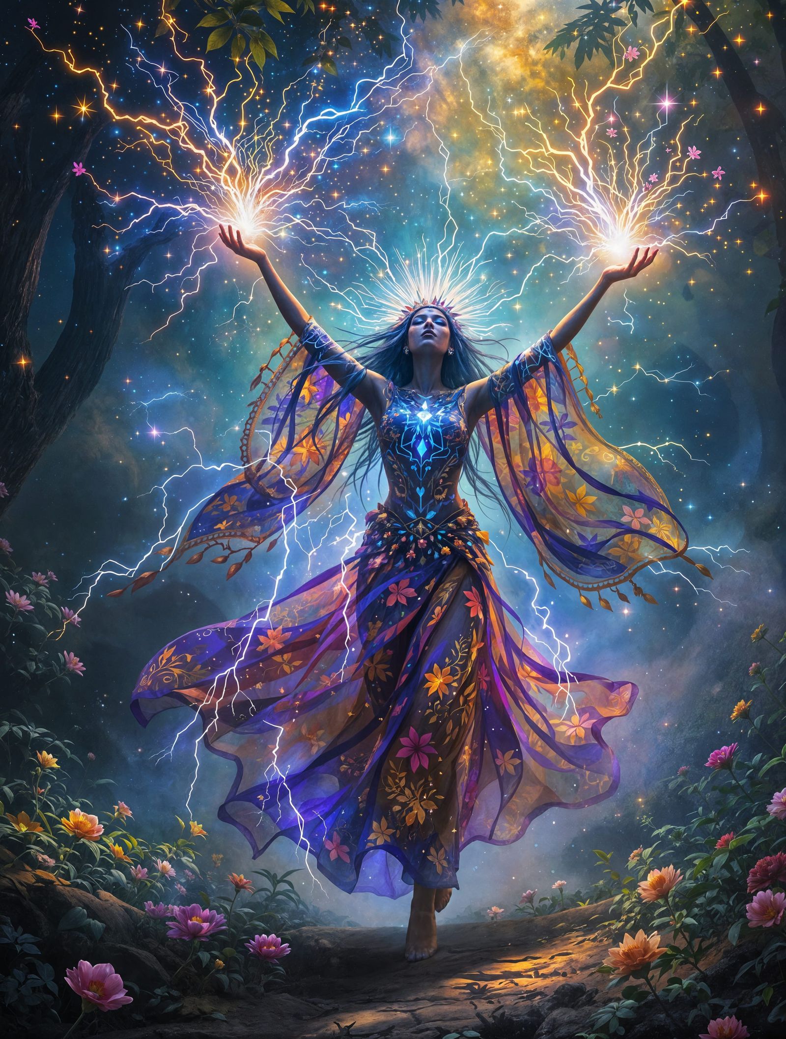 Indigenous Witch Stands Confidently in Enchanted Cloud Fores...