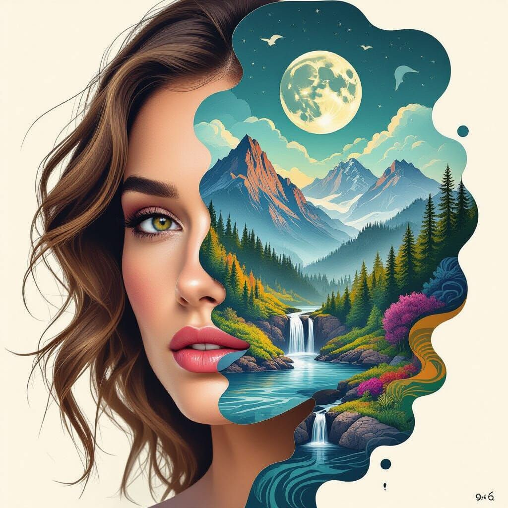 Surreal Portrait of Woman Merged with Vibrant Nature Landsca...