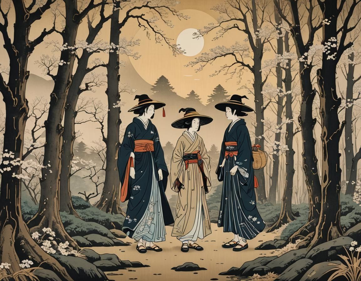 Traditional Japanese Macbeth Scene in Ukiyo-e Woodblock Styl...