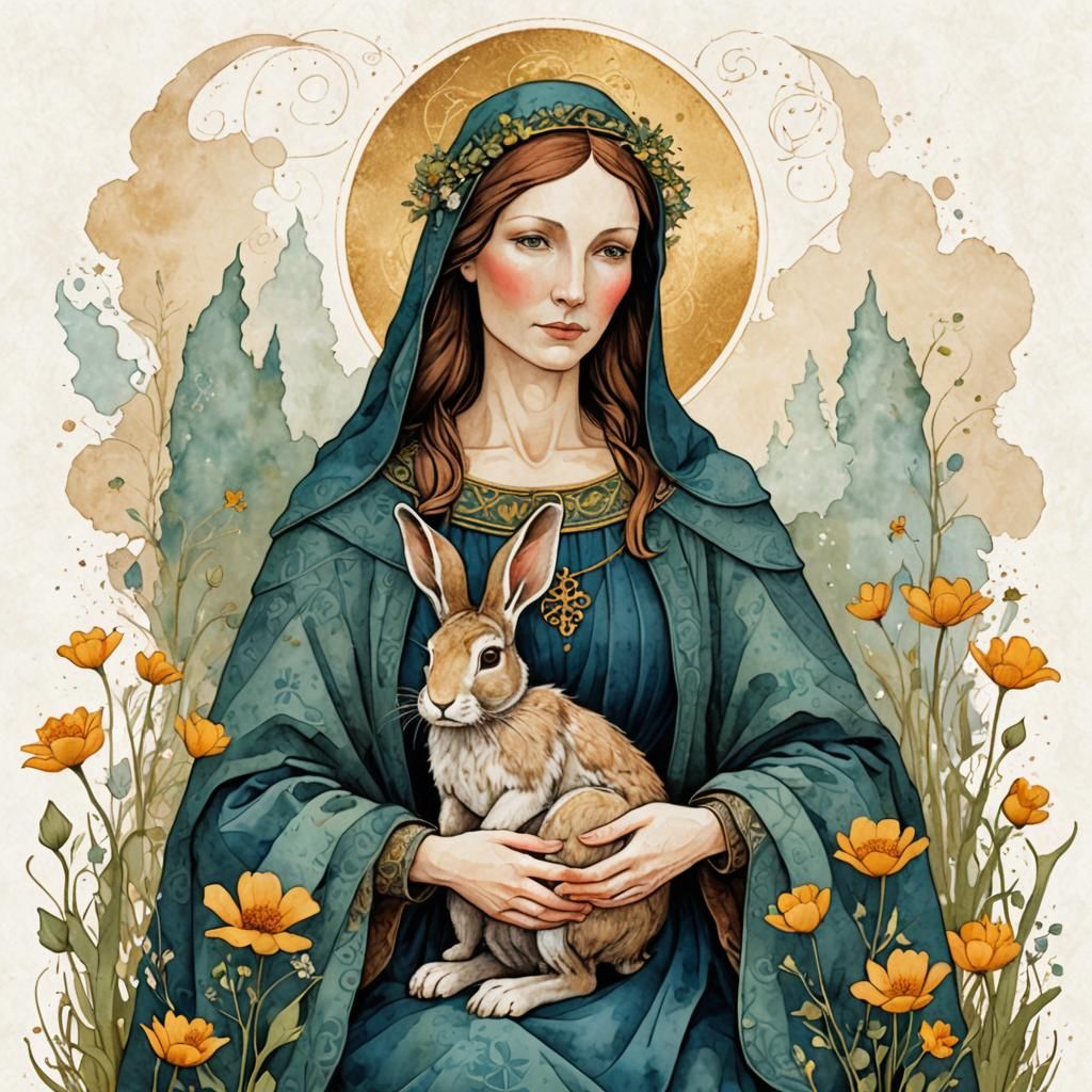 Saint Melangell with Hares, Watercolor Style