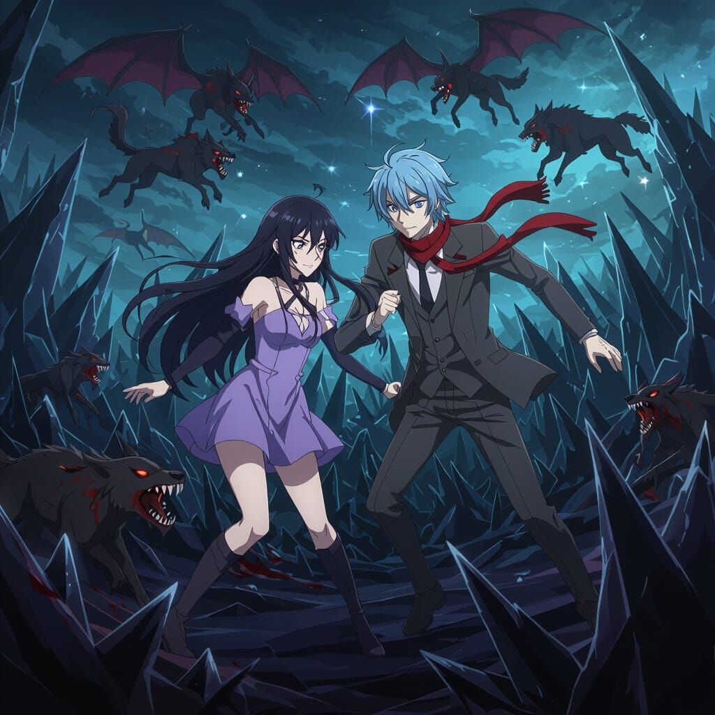 Dark Fantasy Anime Action Scene with Skirk and Tartaglia