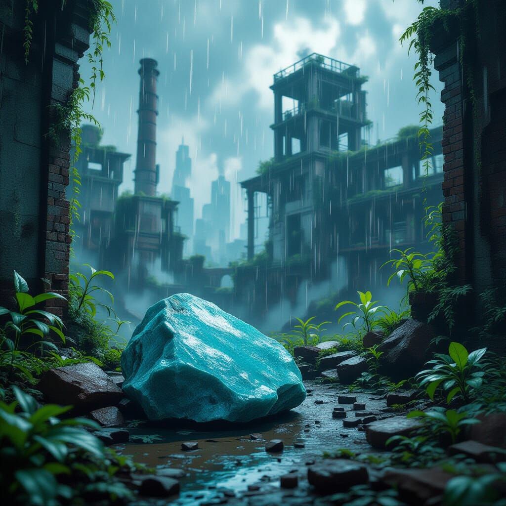 Amazonite on Industrial Ruins During Heavy Rain