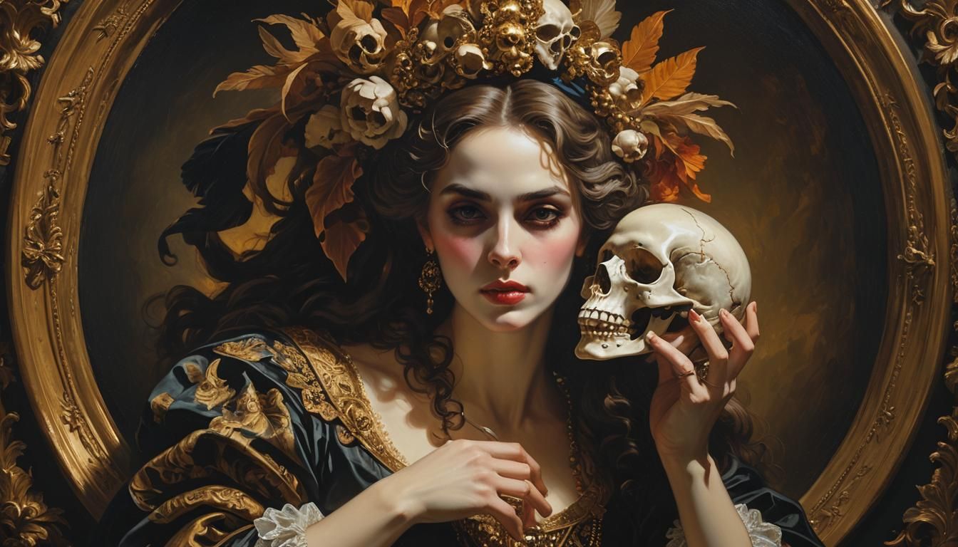Baroque Portrait of Woman with Skull in Chiaroscuro