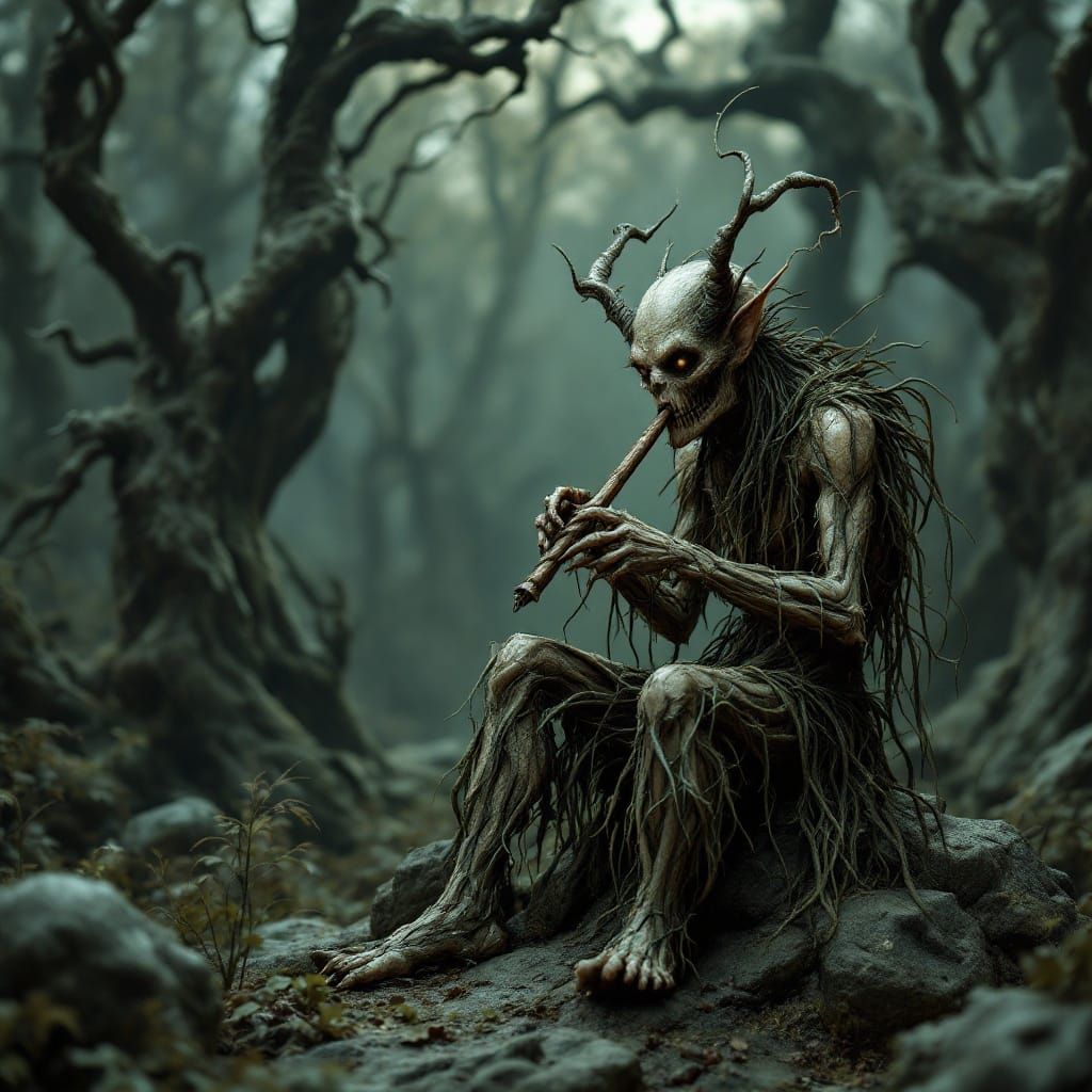 Ancient Fae Creature Plays Pan Pipes on Barrow Mound in Dark...