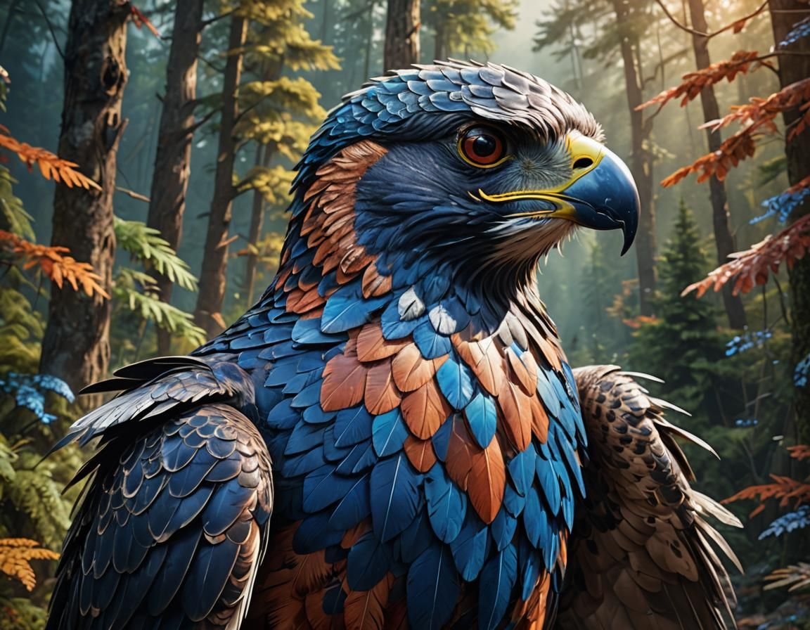 Sapphire Falcon Soaring Above Misty Forest: Hyperrealistic A...