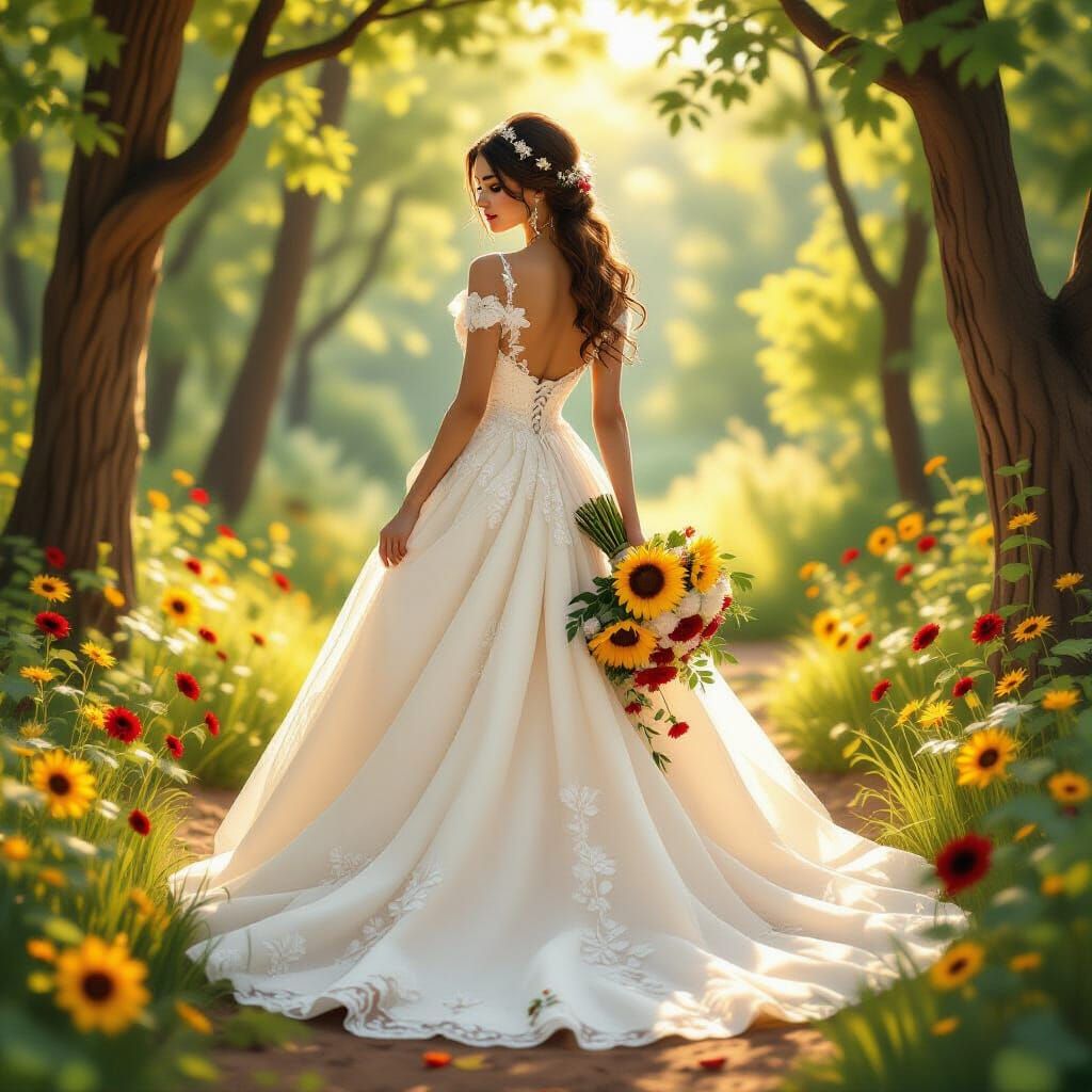 Bride in Creamy Gown with Floral Embroidery in Sunlit Woods