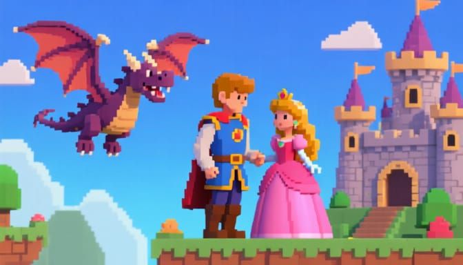 8-Bit Prince Saves Princess From Dragon Above Castle