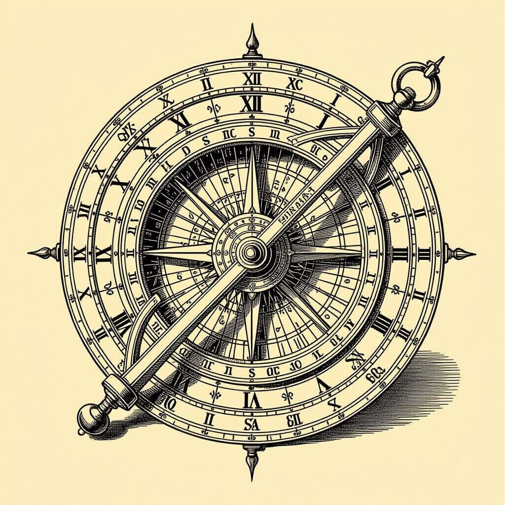 Detailed Perspective Technical Drawing of an Astrolabe