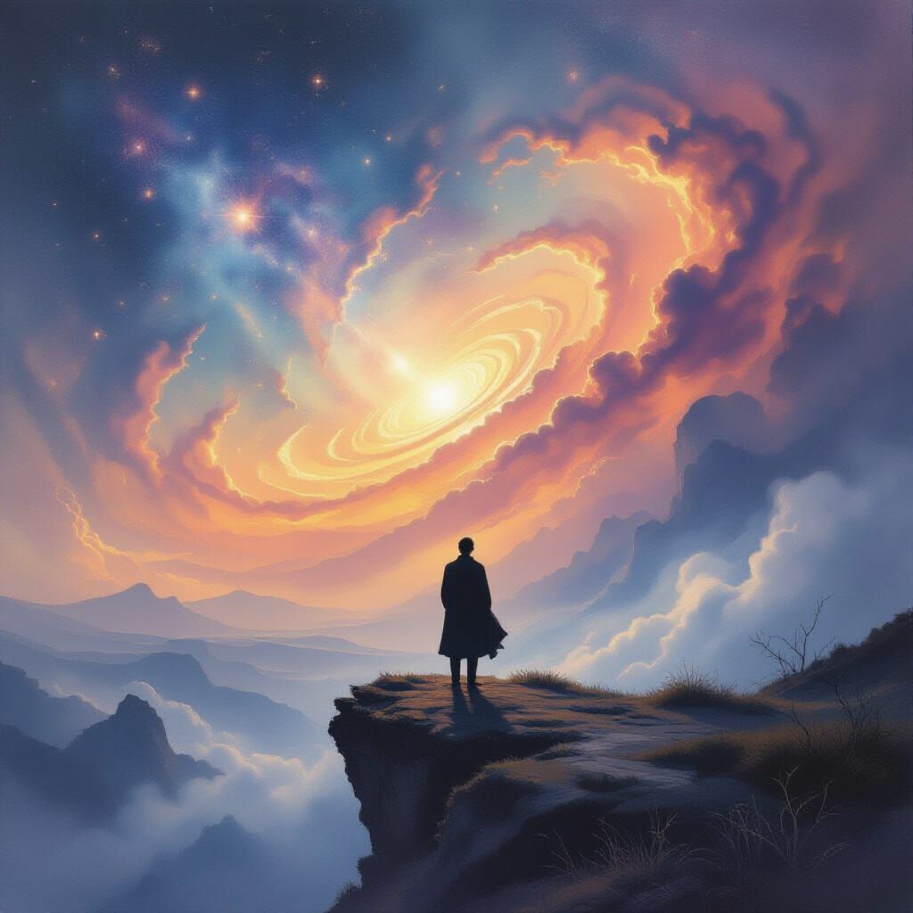 Man on Precipice Overlooking Nebula in Watercolor Style