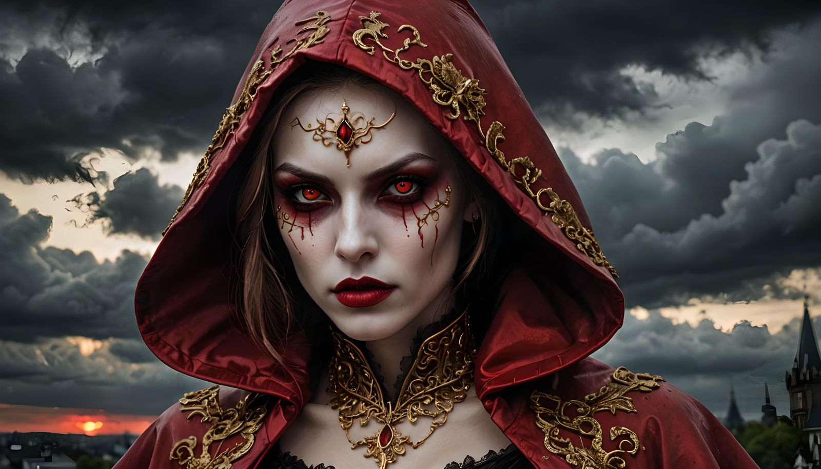 Beautiful Vampire with Red and Gold Hood, Hyperrealistic